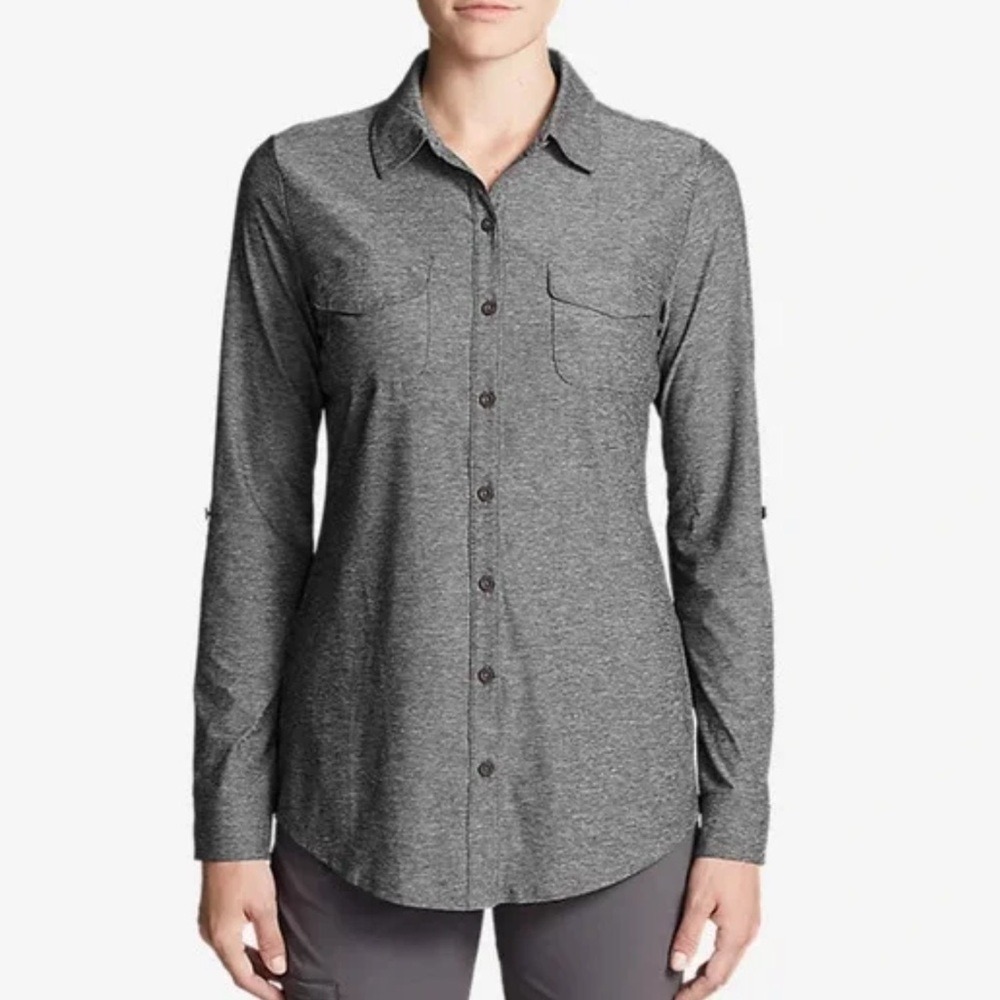 EDDIE BAUER Women's Large Grey Button Up Knit Long Sleeve Shirt Comfy Cozy